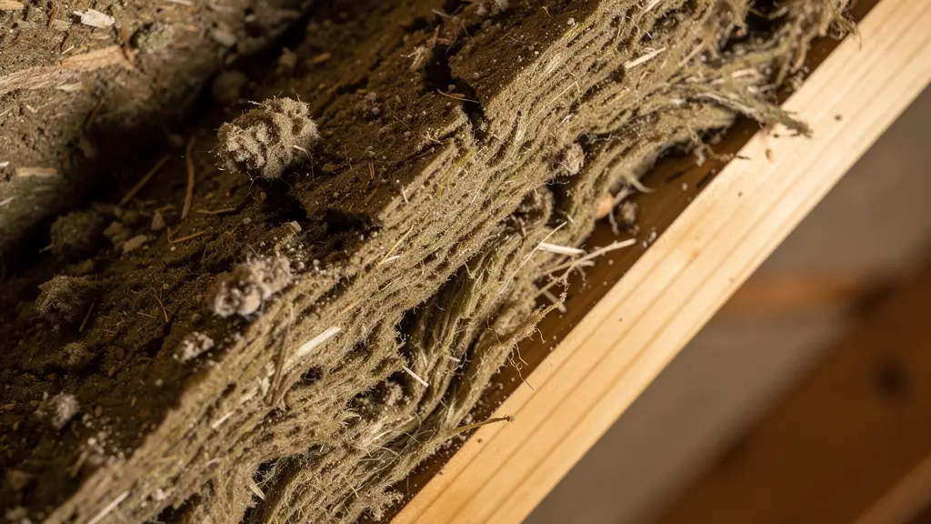 Gros plan macro d’un isolant fibreux posé entre des éléments de charpente, montrant la texture et la densité du matériau sans aucun texte.