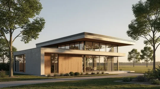 Vue d'ensemble d'une maison contemporaine avec toit plat et grandes baies vitrées dans un environnement verdoyant