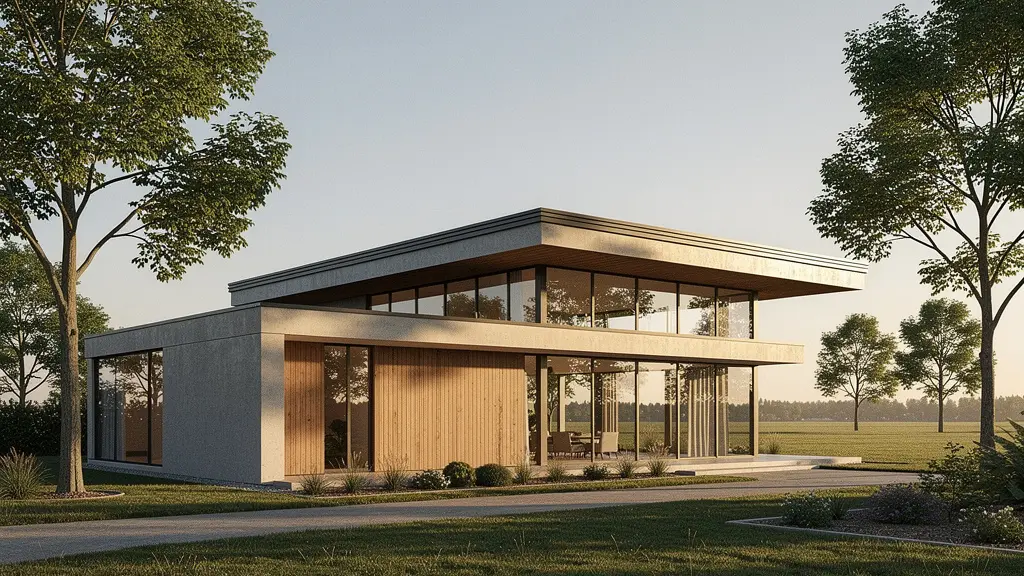 Vue d'ensemble d'une maison contemporaine avec toit plat et grandes baies vitrées dans un environnement verdoyant