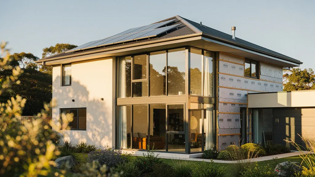 Maison contemporaine rénovée énergétiquement avec façade isolée et fenêtres modernes, entourée de verdure et de panneaux solaires sur le toit