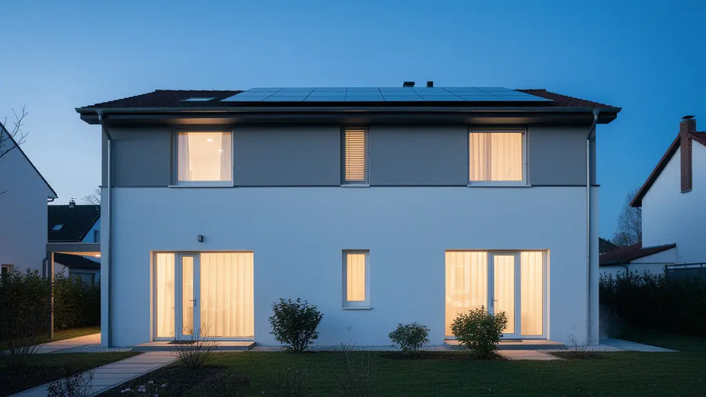 Vue large d’une maison rénovée et bien isolée au crépuscule, avec une lumière chaude intérieure et un environnement calme, évoquant une faible consommation énergétique.