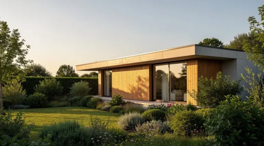 Vue extérieure d'une maison individuelle moderne en bois et béton bas carbone, intégrée dans un paysage verdoyant français, illustrant la norme RE2020.