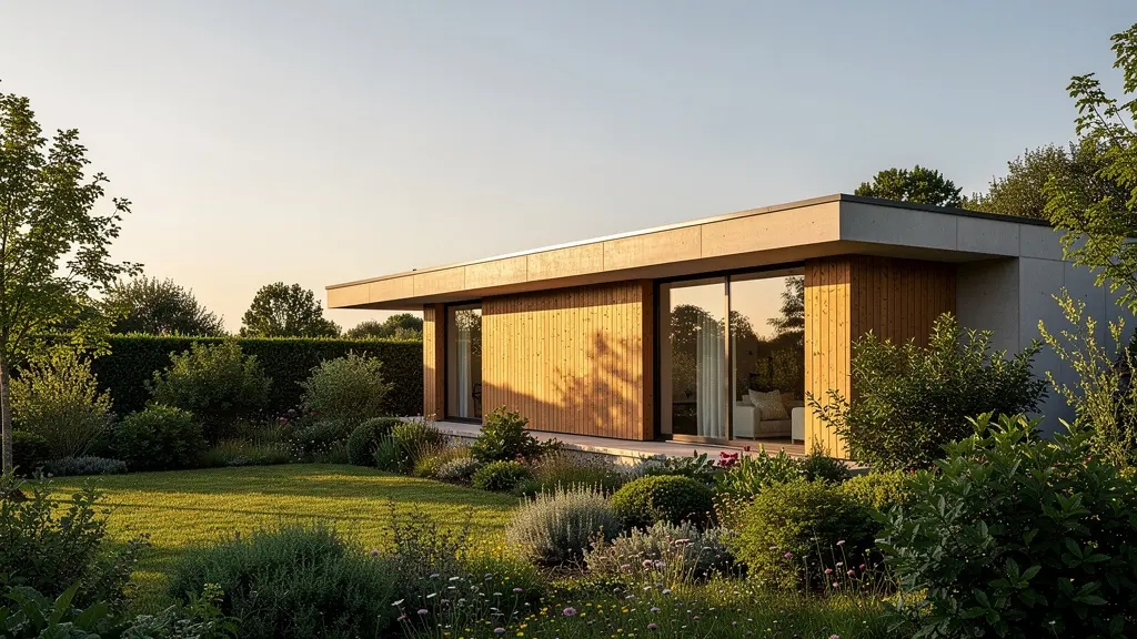 Vue extérieure d'une maison individuelle moderne en bois et béton bas carbone, intégrée dans un paysage verdoyant français, illustrant la norme RE2020.