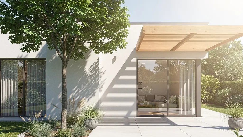 Illustration d'une terrasse ombragée avec végétation dense et brise-soleil protégeant une baie vitrée, évoquant la fraîcheur naturelle en été.