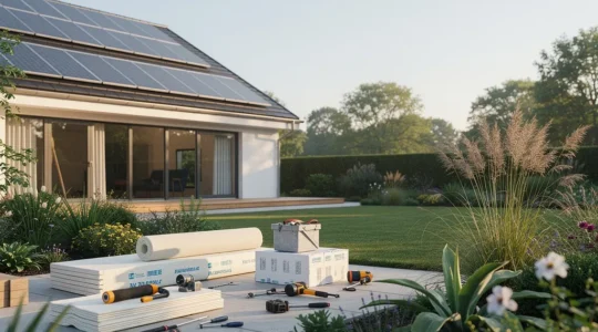 Maison moderne rénovée écologiquement avec équipements de rénovation énergétique et verdure naturelle