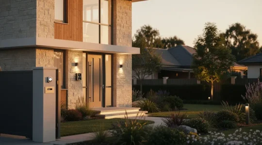 Maison moderne sécurisée avec éclairage extérieur, portail automatique et architecture accueillante sans aspect forteresse