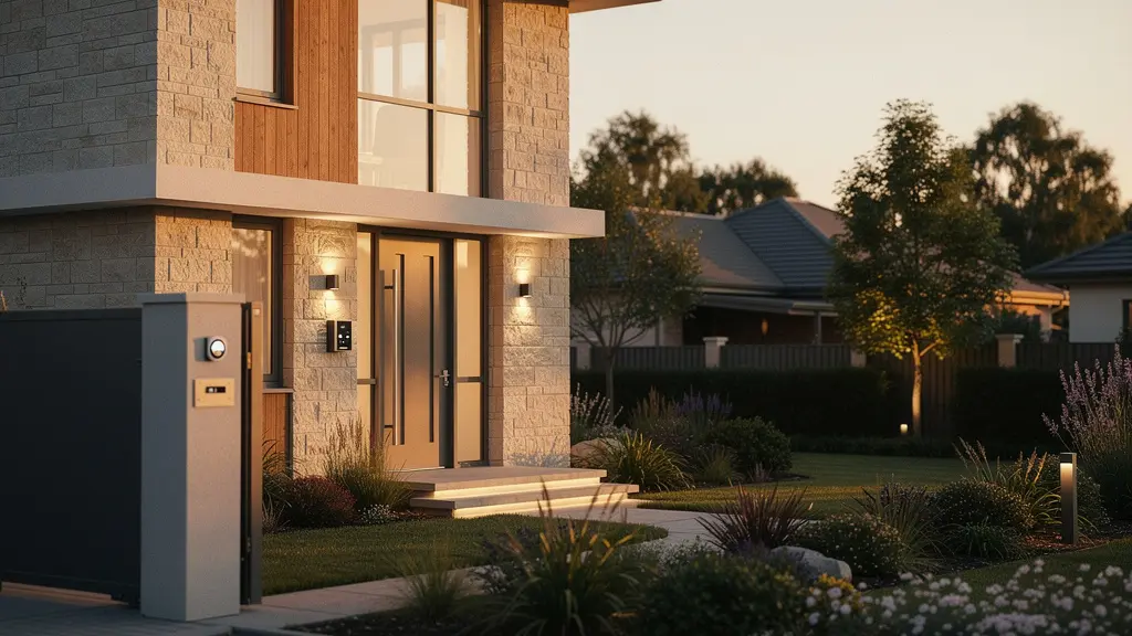 Maison moderne sécurisée avec éclairage extérieur, portail automatique et architecture accueillante sans aspect forteresse