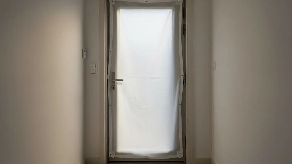 Vue large d’une entrée de maison avec une membrane de test d’étanchéité à l’air installée dans l’encadrement, sans appareil visible ni texte.