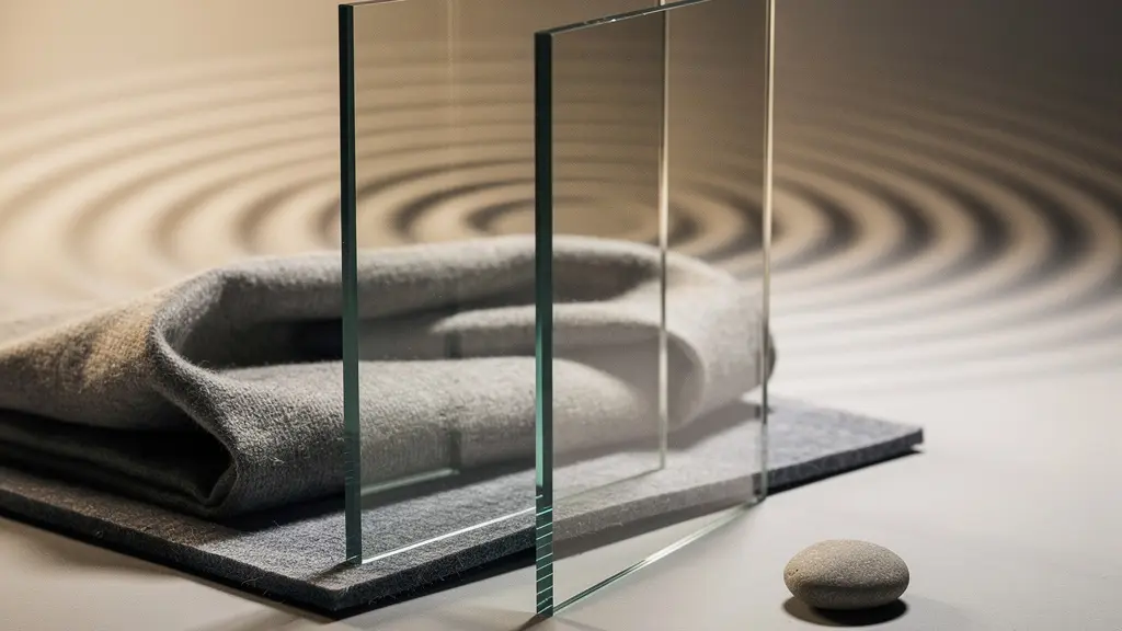 Composition d’objets et de matériaux évoquant une barrière acoustique (verre superposé et textile épais) dans une ambiance calme et minimaliste.