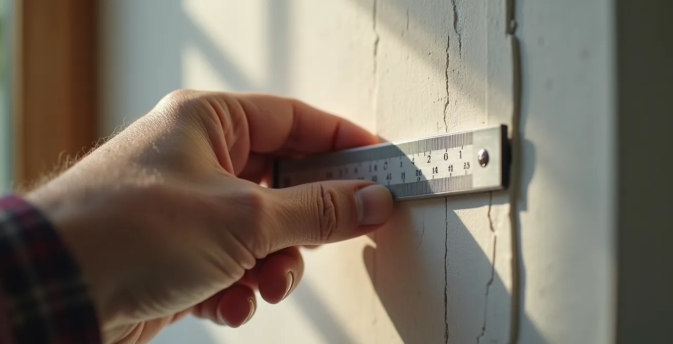 Jauge témoin de surveillance posée sur une fissure pour mesurer l'évolution du tassement