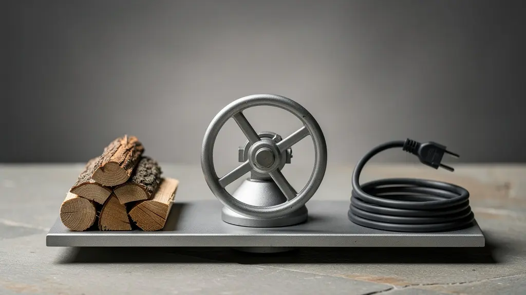 Nature morte symbolique comparant trois sources d’énergie (bois, gaz, électricité) avec objets neutres et sans marques, suggérant la stabilité et la volatilité des prix.