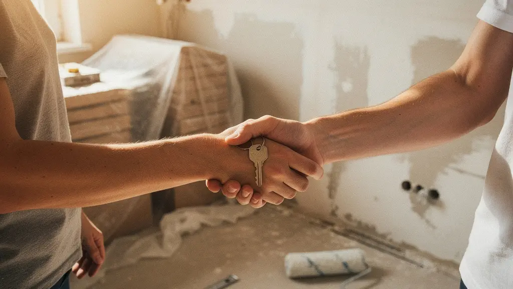Deux personnes se serrant la main dans une pièce en rénovation, avec des outils au sol et une lumière naturelle, symbolisant la négociation d’un prêt travaux sans documents visibles.