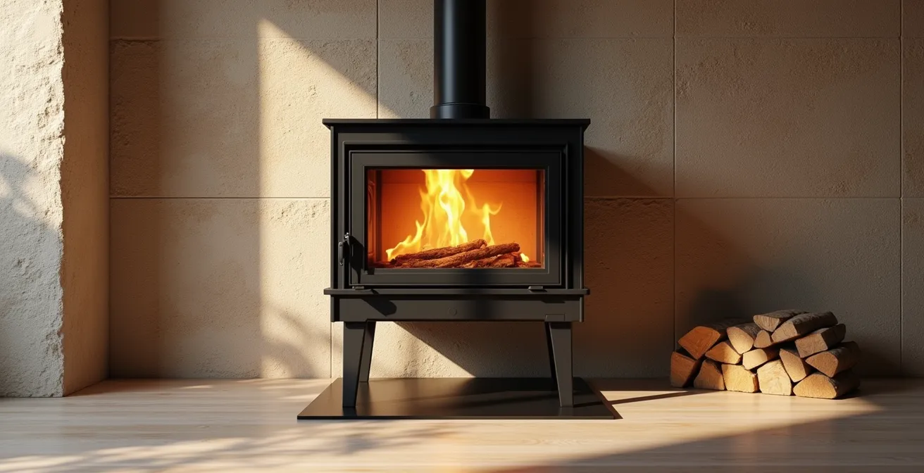 Mur de parement en pierre naturelle installé derrière un poêle à bois moderne dans un salon