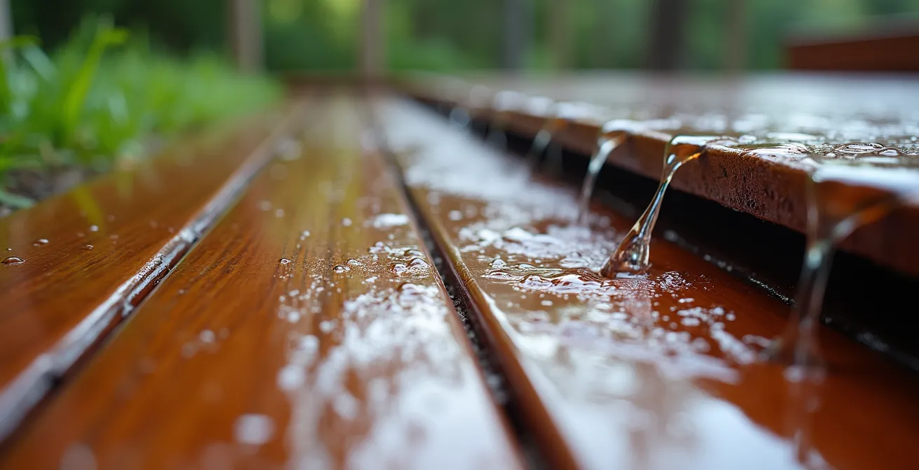 Vue de profil d'une terrasse montrant la pente de 2% et l'écoulement de l'eau loin des fondations