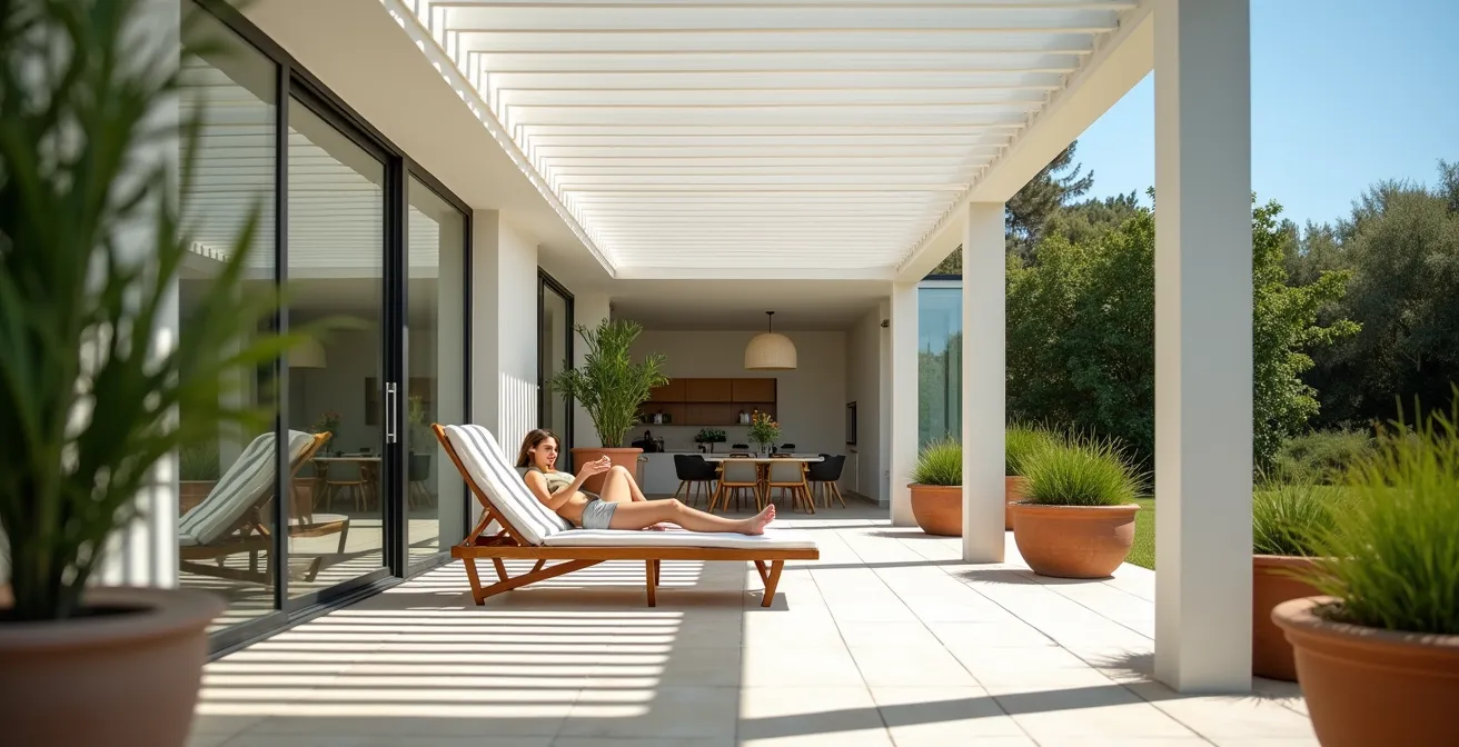 Pergola bioclimatique avec lames orientables protégeant de grandes baies vitrées du soleil estival