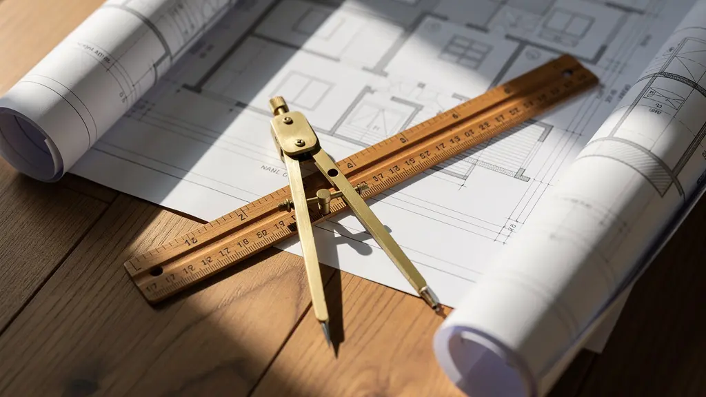 Bureau d'architecte avec plans de surélévation, équerre et crayon posés sur table en bois