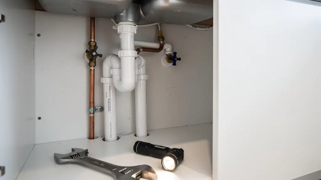 Plombier examinant des canalisations sous un évier avec outils professionnels