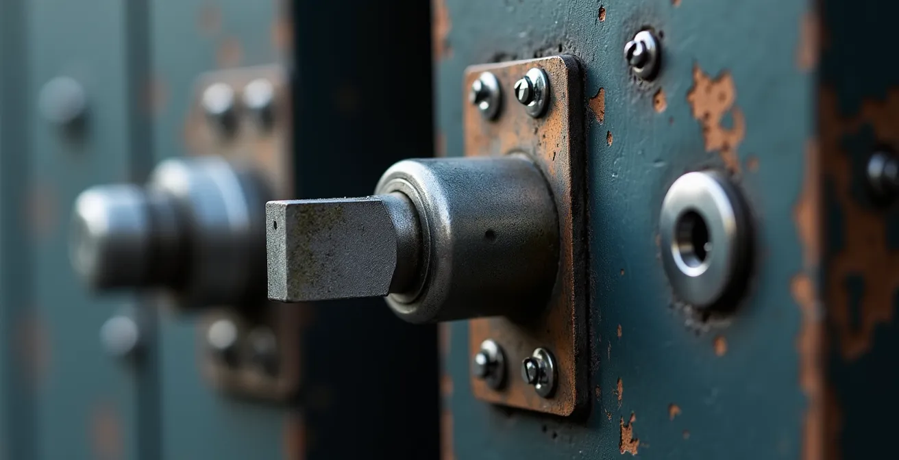 Vue en gros plan des mécanismes de sécurité d'un portail motorisé, montrant un pêne renforcé et des composants anti-soulèvement.