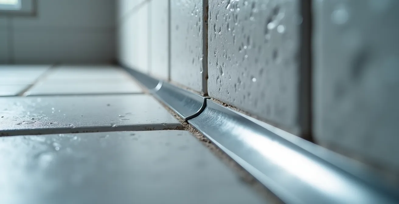 Détail technique de l'installation d'un profilé de jonction entre le mur carrelé et le receveur de douche