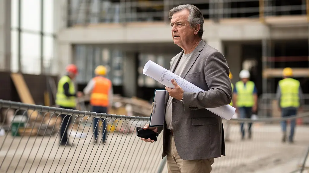 Propriétaire observant son chantier depuis une distance respectueuse avec barrière symbolique