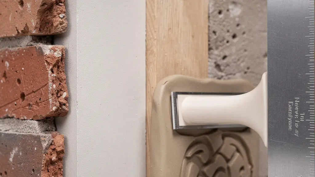 Gros plan macro de textures de matériaux de rénovation (plâtre, brique, bois) avec un tampon vierge et des outils, symbolisant la qualification fiscale des travaux sans aucun texte visible.