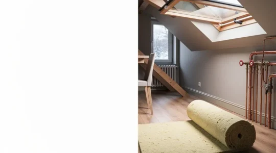 Intérieur lumineux d’une maison en rénovation avec matériaux d’isolation et éléments de chauffage, suggérant la baisse des dépenses d’énergie sans montrer de texte.