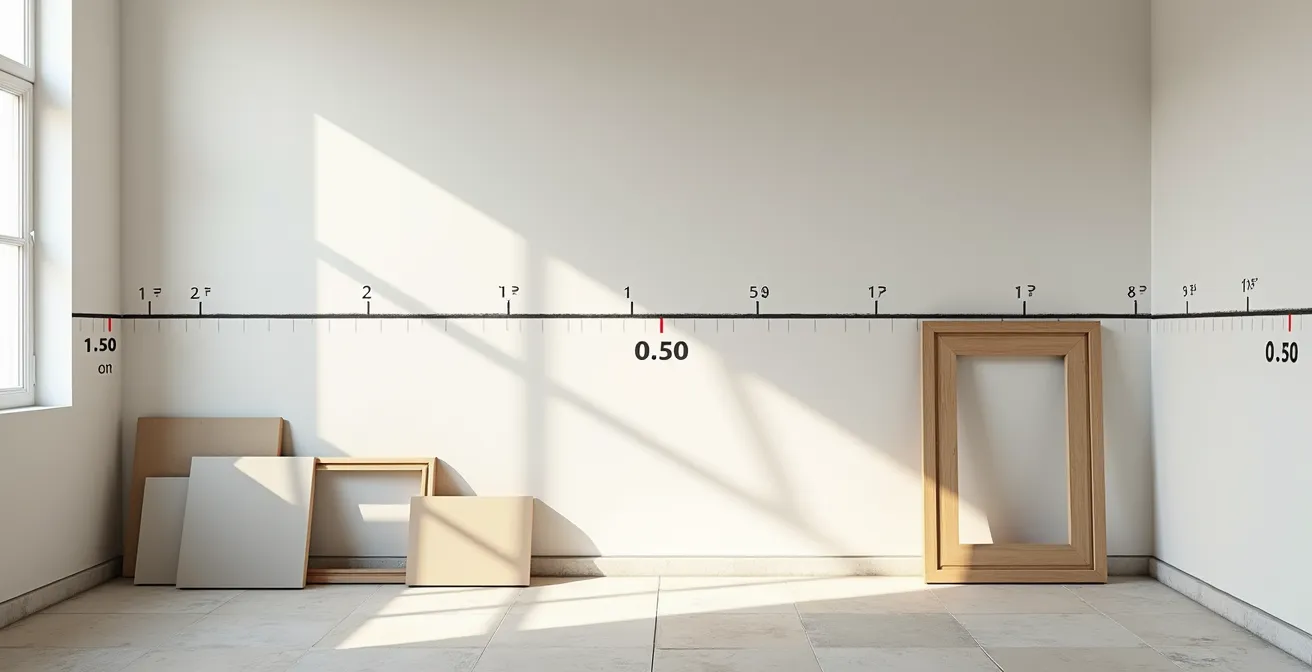 Trait de niveau marqué sur un mur de chantier avec différents repères pour les corps d'état