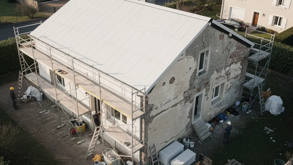 Vue aérienne d'une maison en cours de rénovation énergétique avec échafaudages et isolation