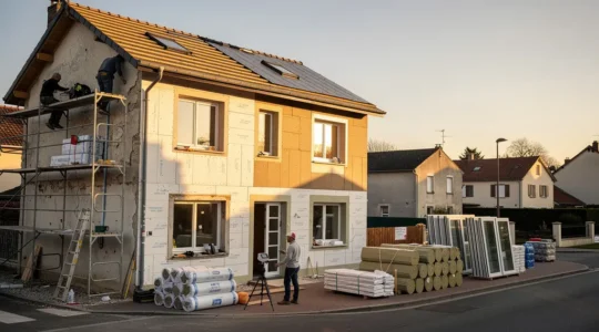 Maison en rénovation énergétique avec isolation, ouvriers et matériaux de construction