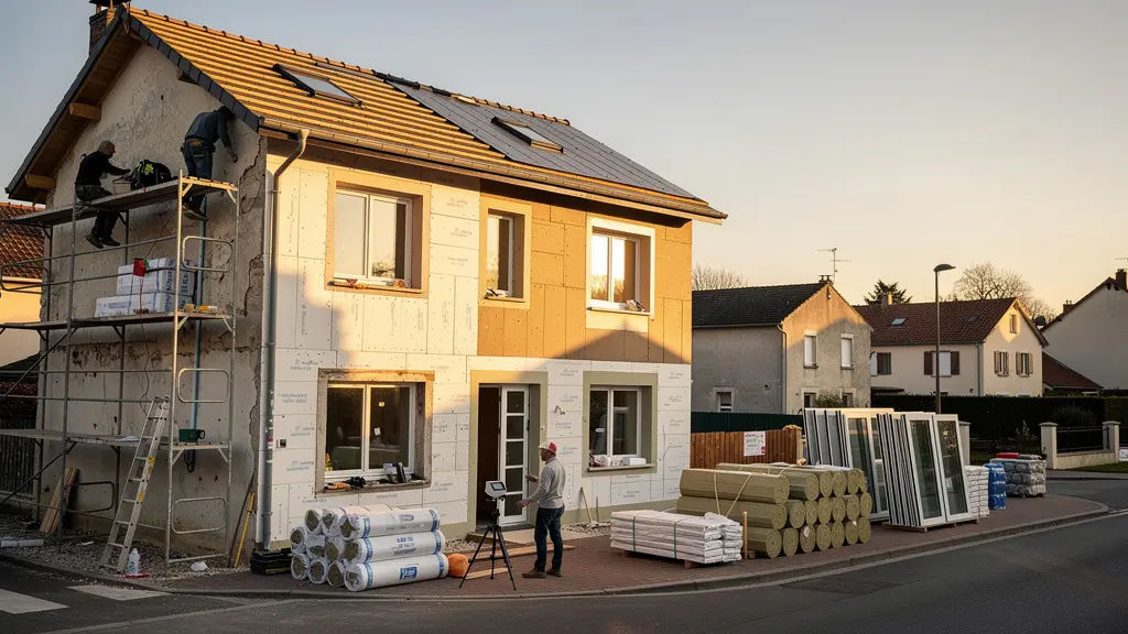 Maison en rénovation énergétique avec isolation, ouvriers et matériaux de construction