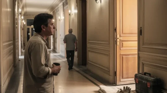 Couloir d’immeuble avec porte d’appartement entrouverte, outils de rénovation discrets et un voisin qui écoute, illustrant les tensions liées au bruit en copropriété.