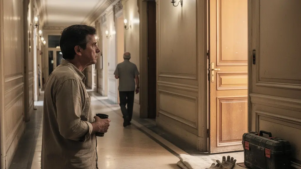 Couloir d’immeuble avec porte d’appartement entrouverte, outils de rénovation discrets et un voisin qui écoute, illustrant les tensions liées au bruit en copropriété.