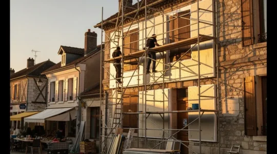 Façade de maison traditionnelle en cours d'isolation thermique par l'extérieur, avec échafaudages et matériaux isolants visibles, sous une lumière dorée de fin d'après-midi