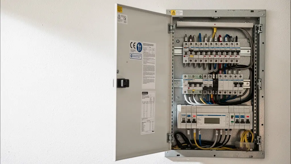 Tableau électrique moderne avec protections différentielles et éléments de sécurité visibles
