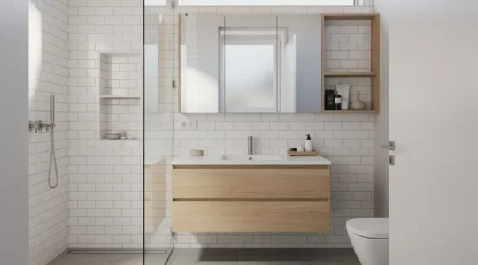 Petite salle de bain moderne de 4m² avec douche à l'italienne et rangements muraux optimisés