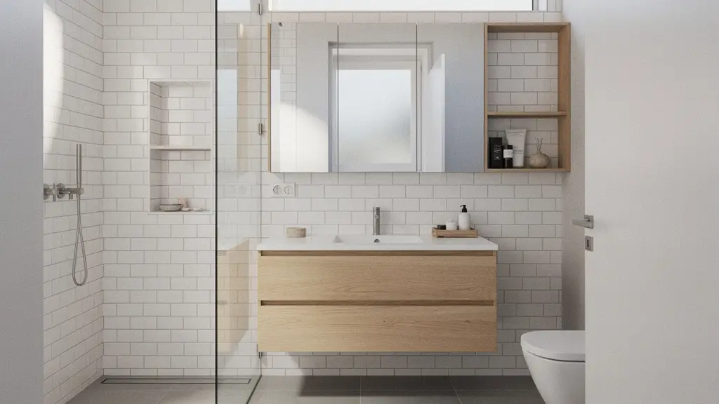 Petite salle de bain moderne de 4m² avec douche à l'italienne et rangements muraux optimisés