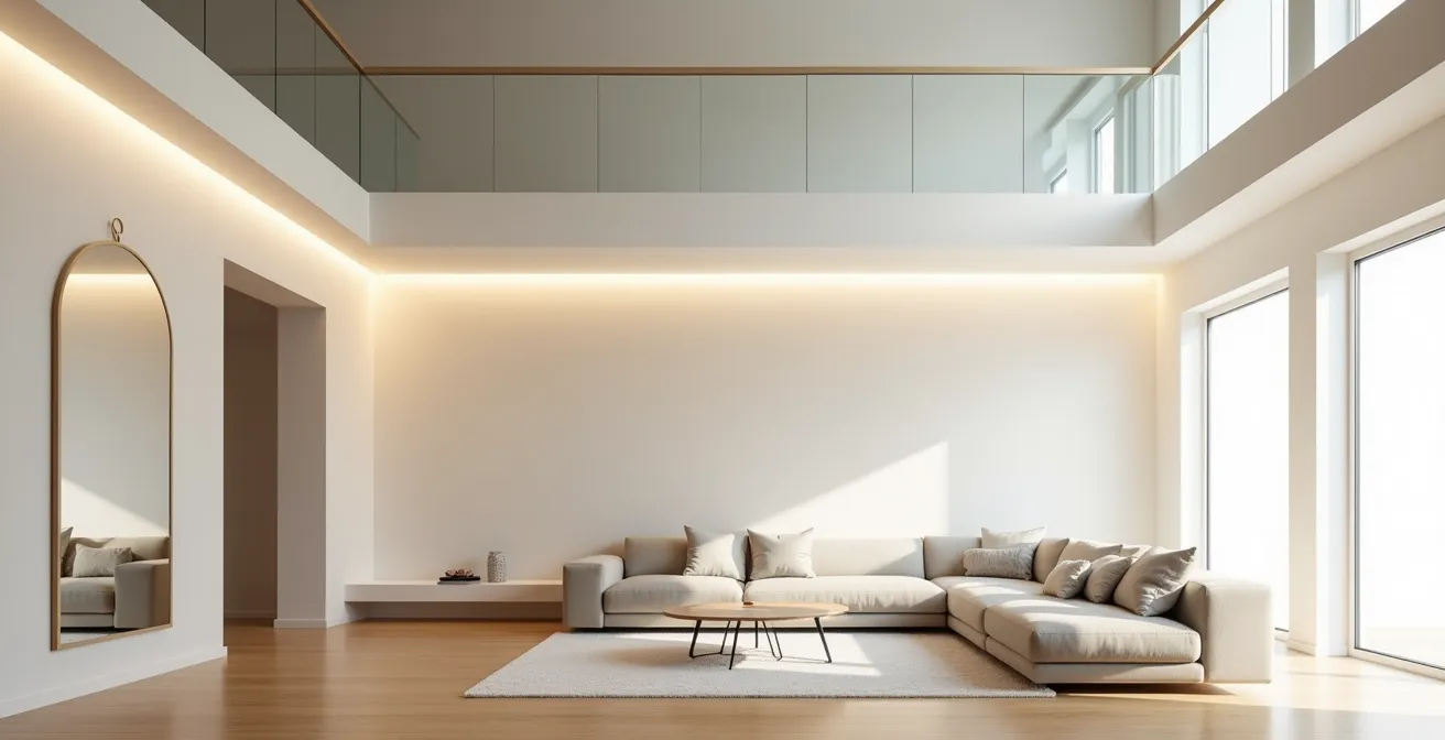 Salon moderne sous mezzanine avec éclairage indirect LED et miroirs pour maximiser la luminosité