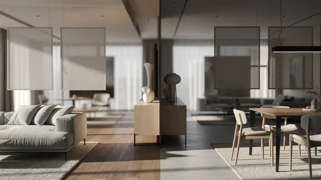 Grand séjour ouvert avec différentes zones délimitées par du mobilier et des éléments architecturaux