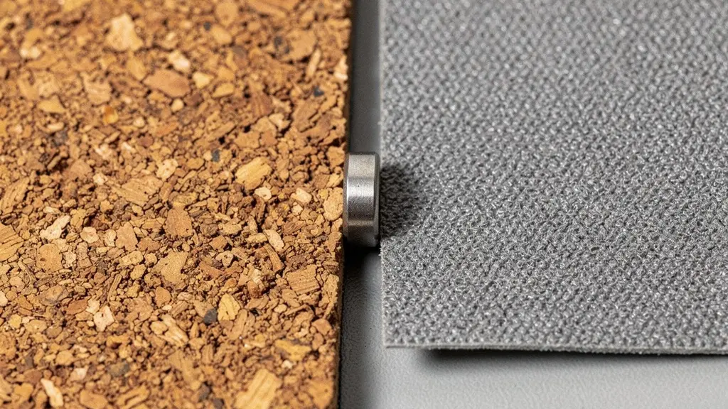 Gros plan comparatif de la texture d'une sous-couche en liège et d'une sous-couche en mousse synthétique, posées côte à côte.