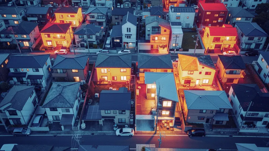 Vue aérienne d'un quartier résidentiel avec gradient de couleurs thermiques montrant différentes performances énergétiques des bâtiments