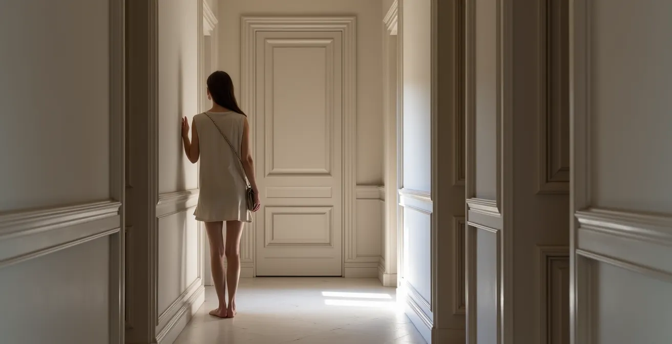 Intérieur moderne illustrant la technique du camouflage architectural avec portes et murs de même teinte