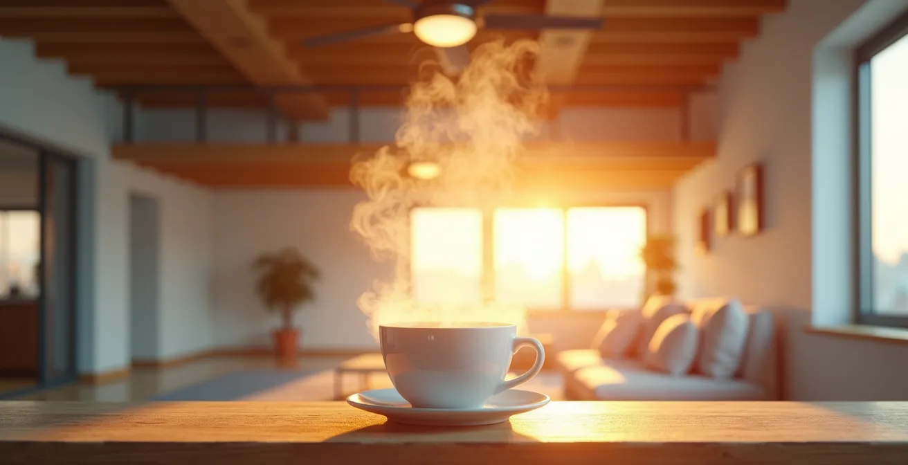 Coupe transversale d'une pièce avec mezzanine montrant la circulation de l'air chaud et les solutions de ventilation