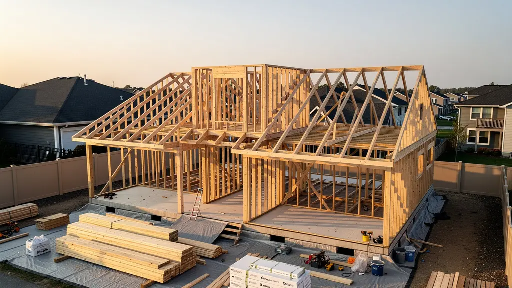 Vue aérienne d'une maison en cours de surélévation avec structure en ossature bois visible sur les murs porteurs