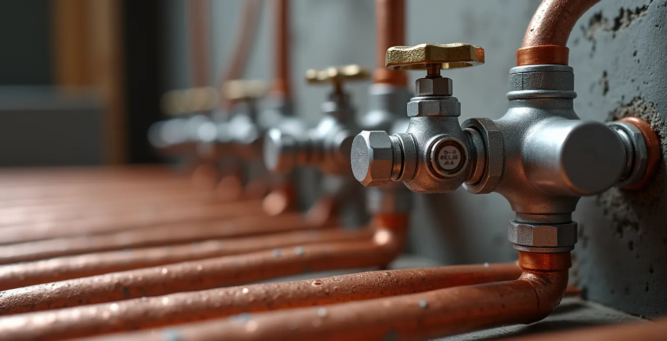 Gros plan sur un système de chauffage moderne avec plancher chauffant et pompe à chaleur pour extension