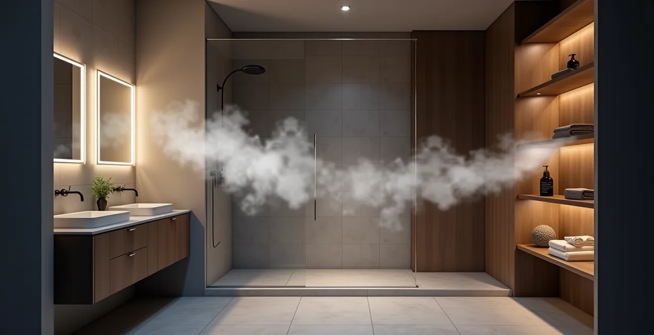 Système de ventilation par cascade entre dressing et salle de bain avec flux d'air visible