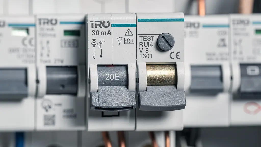 Gros plan sur un différentiel 30mA dans un tableau électrique moderne