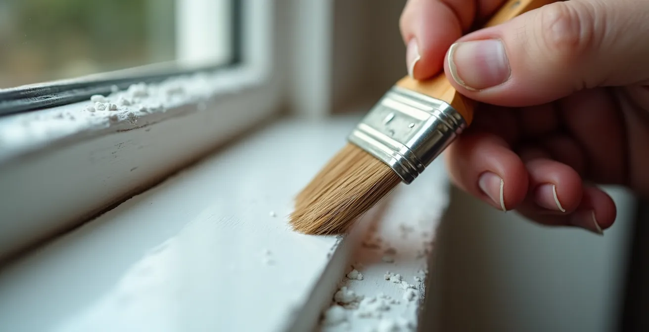 Gros plan sur la technique de peinture précise d'un cadre de fenêtre avec pinceau à réchampir