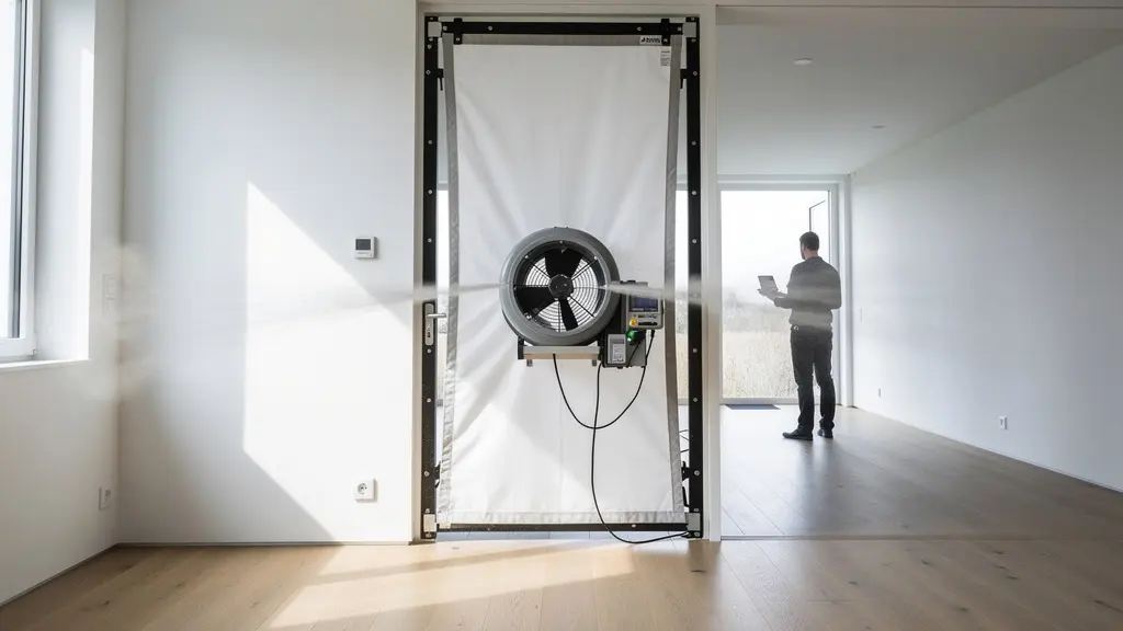 Installation d'un test d'infiltrométrie avec porte soufflante dans une maison