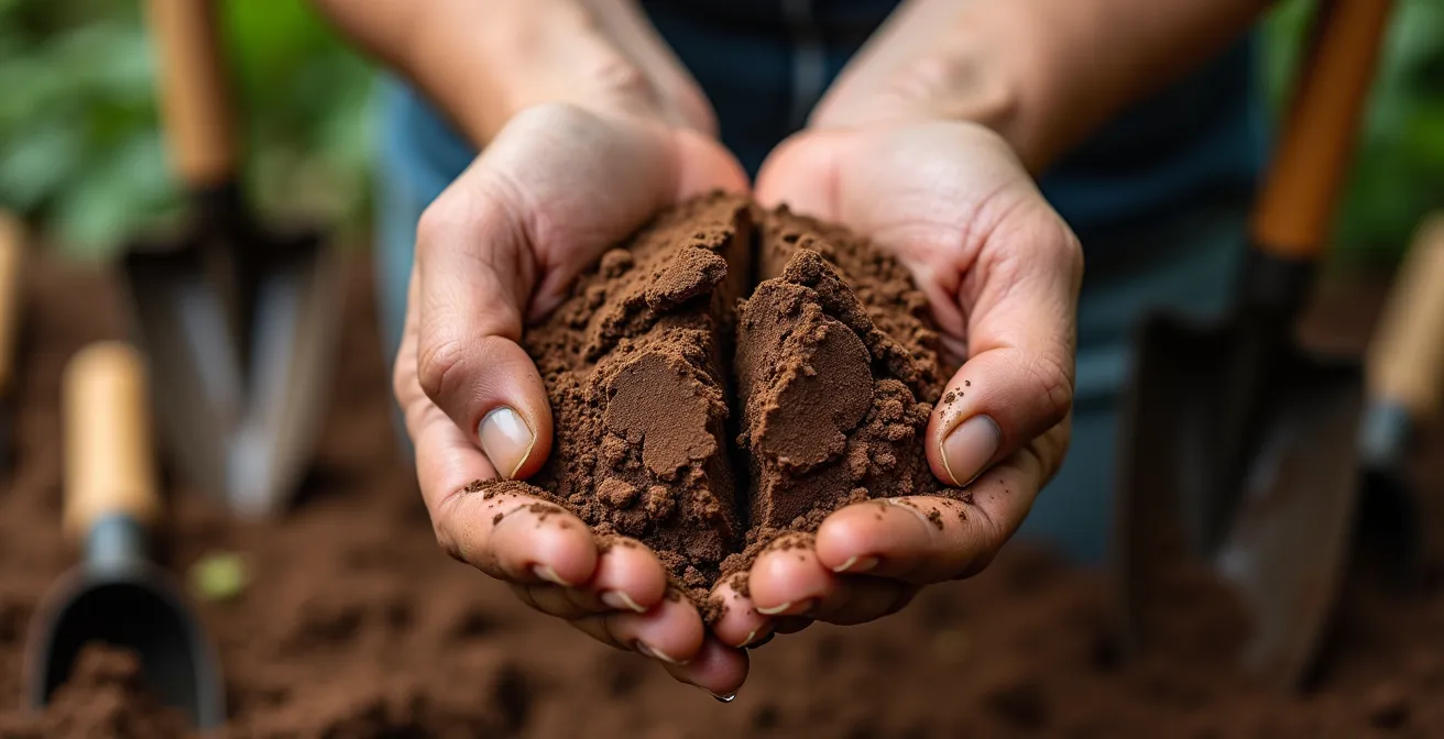 Mains tenant un échantillon de sol argileux avec texture visible et outils de test