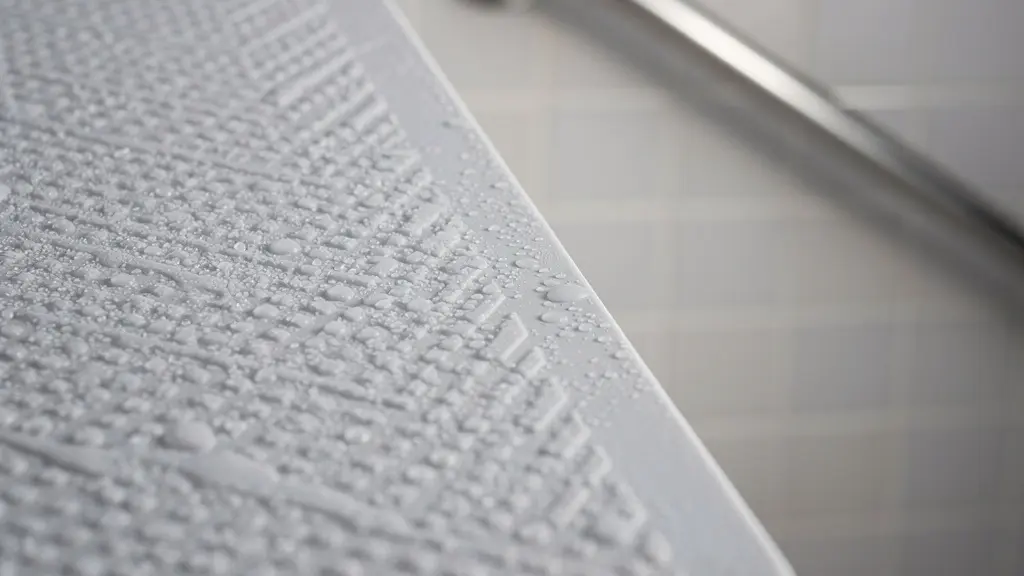 Gros plan macro de la surface texturée antidérapante d’un receveur de douche, avec des gouttes d’eau.